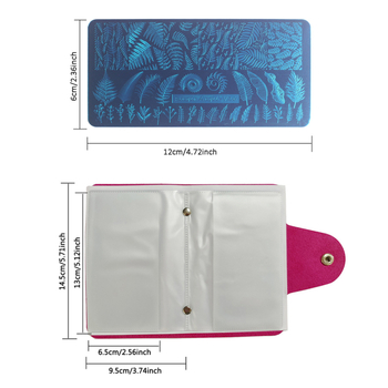 Nagų štampavimo plokštelių rinkinys, 13 dalių, su 8 šablonais, 2 antspaudais, 2 skraperiais ir kortelių laikikliu.