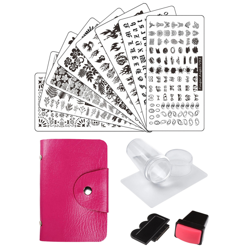 Nagų štampavimo plokštelių rinkinys, 13 dalių, su 8 šablonais, 2 antspaudais, 2 skraperiais ir kortelių laikikliu.