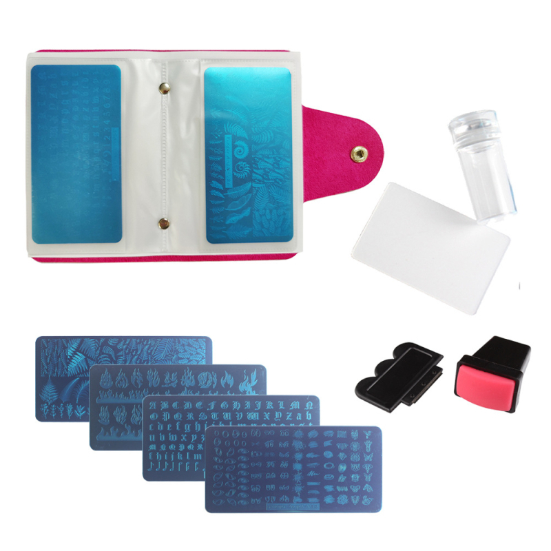 Nagų štampavimo plokštelių rinkinys, 13 dalių, su 8 šablonais, 2 antspaudais, 2 skraperiais ir kortelių laikikliu.