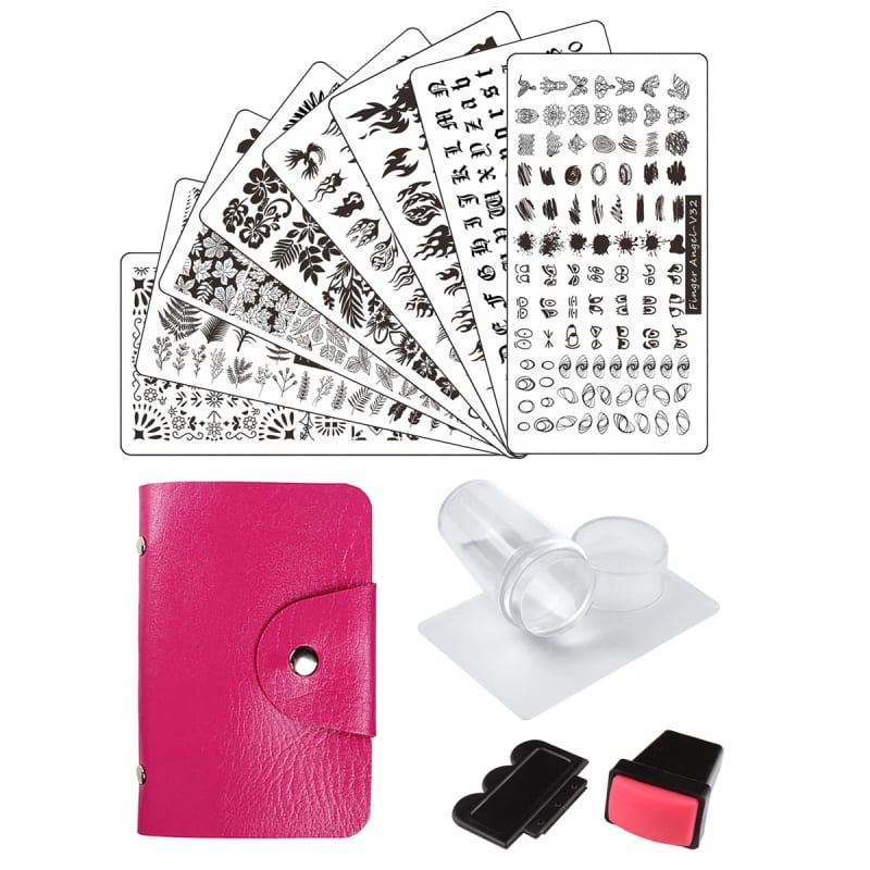 Nagų štampavimo plokštelių rinkinys, 13 dalių, su 8 šablonais, 2 antspaudais, 2 skraperiais ir kortelių laikikliu.
