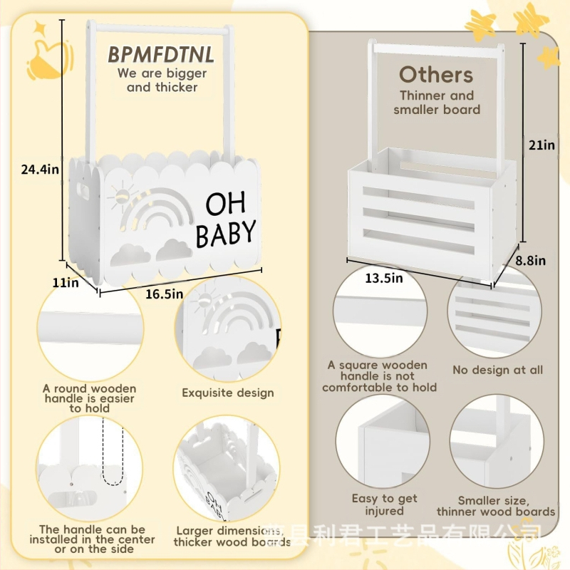 Портативна дървена кутия за съхранение | Гравирана дървена конструкция | Материал: дърво; Модел: Портативна дървена кутия; Приложение: съхранение на бебешки дрехи и играчки