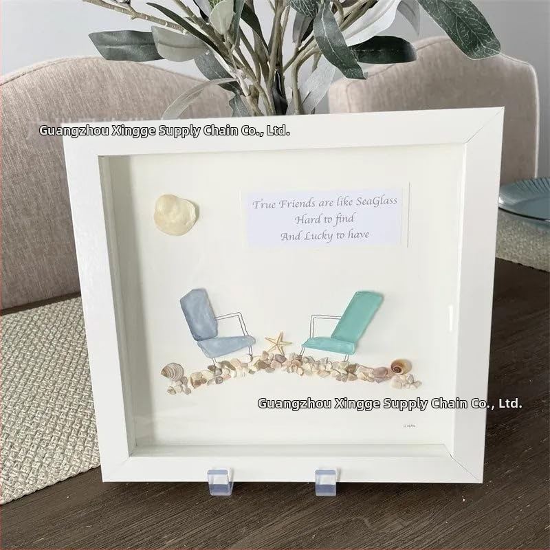 Rankų darbo jūros stiklo paplūdimio kėdė su draugystės nuotraukų rėmu — medinė, stilius k-style, dovana Kalėdoms ir Valentino dienai