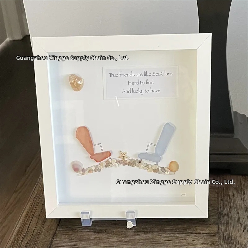 Rankų darbo jūros stiklo paplūdimio kėdė su draugystės nuotraukų rėmu — medinė, stilius k-style, dovana Kalėdoms ir Valentino dienai