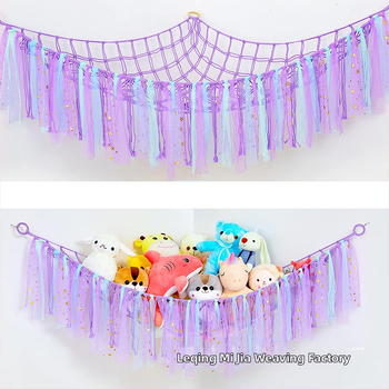 Δίκτυο γωνιακής αποθήκευσης από βαμβακερό σκοινί, χειροποίητο, για αποθήκευση μαλακών παιχνιδιών, με γάντζο, 1 επίπεδο, αποθήκευση υπνοδωματίου