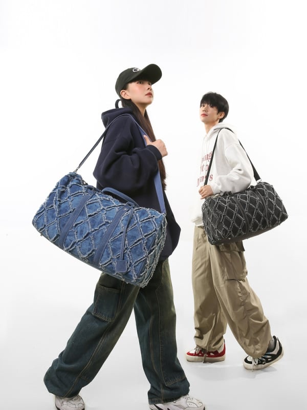 Denim utazótáska – duffel típus, kopásálló, distressed felülettel, kereszttalpas/edzőtáska, Kangxiu, 20–35L, poliészter bélés, szabadidős utazás
