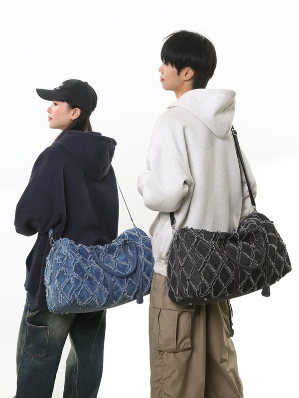 Denim utazótáska – duffel típus, kopásálló, distressed felülettel, kereszttalpas/edzőtáska, Kangxiu, 20–35L, poliészter bélés, szabadidős utazás