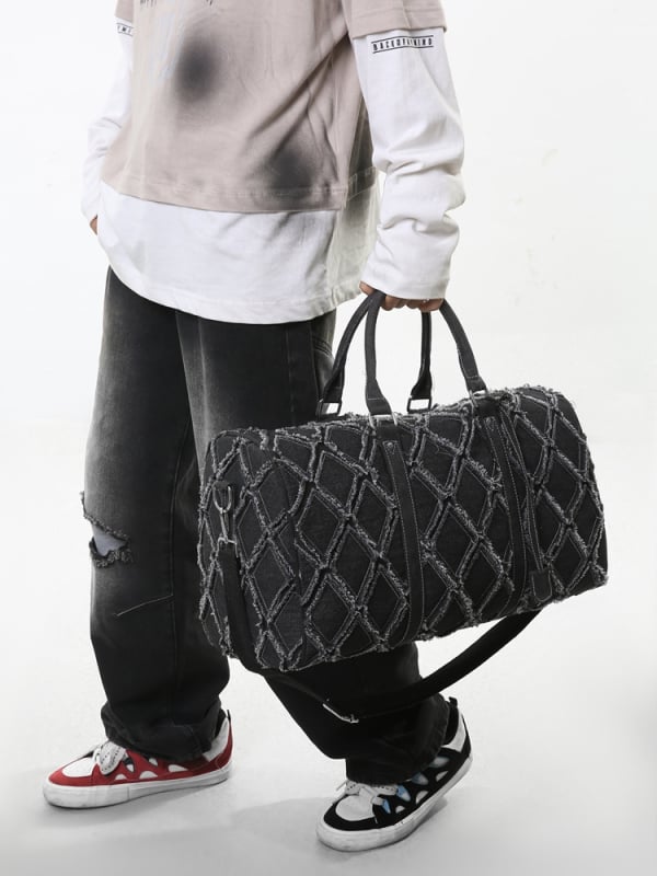 Denim utazótáska – duffel típus, kopásálló, distressed felülettel, kereszttalpas/edzőtáska, Kangxiu, 20–35L, poliészter bélés, szabadidős utazás