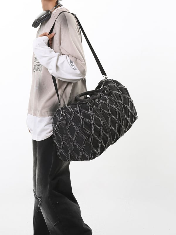 Denim utazótáska – duffel típus, kopásálló, distressed felülettel, kereszttalpas/edzőtáska, Kangxiu, 20–35L, poliészter bélés, szabadidős utazás