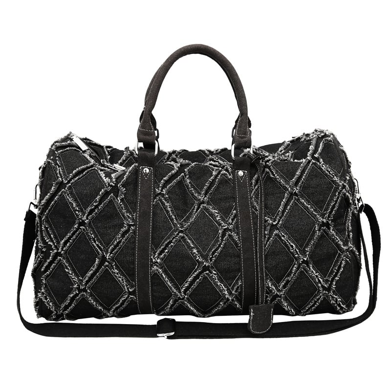Denim utazótáska – duffel típus, kopásálló, distressed felülettel, kereszttalpas/edzőtáska, Kangxiu, 20–35L, poliészter bélés, szabadidős utazás