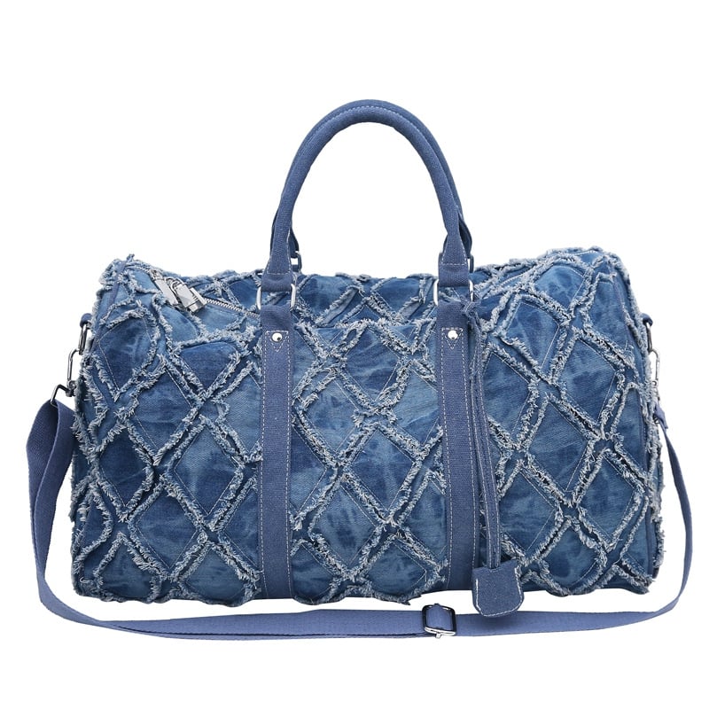 Denim utazótáska – duffel típus, kopásálló, distressed felülettel, kereszttalpas/edzőtáska, Kangxiu, 20–35L, poliészter bélés, szabadidős utazás