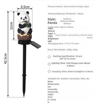 Lampa LED solară în formă de panda, din rășină, pentru exterior, iluminat decorativ pentru curte, impermeabil. LED, 0.1 W, 1.2 V, timp de iluminare 16–24 h, durată de viață 10000 h