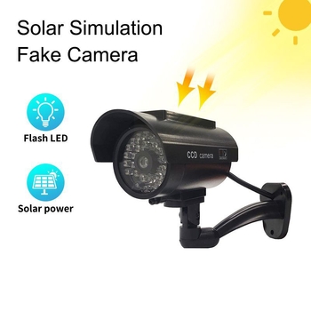 Saulės energija varoma simuliuojama stebėjimo kamera, skirta vidaus ir lauko naudojimui, atspari vandeniui (maitinimo įtampa: 3V, medžiaga: ABS plastikas, svoris: 0.227 kg, darbinė temperatūra: -5–50°C)