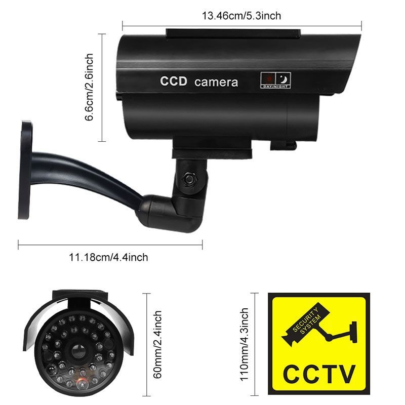 Saulės energija varoma simuliuojama stebėjimo kamera, skirta vidaus ir lauko naudojimui, atspari vandeniui (maitinimo įtampa: 3V, medžiaga: ABS plastikas, svoris: 0.227 kg, darbinė temperatūra: -5–50°C)