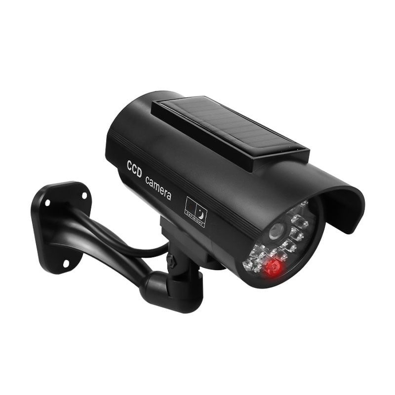 Saulės energija varoma simuliuojama stebėjimo kamera, skirta vidaus ir lauko naudojimui, atspari vandeniui (maitinimo įtampa: 3V, medžiaga: ABS plastikas, svoris: 0.227 kg, darbinė temperatūra: -5–50°C)