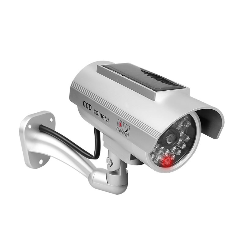 Saulės energija varoma simuliuojama stebėjimo kamera, skirta vidaus ir lauko naudojimui, atspari vandeniui (maitinimo įtampa: 3V, medžiaga: ABS plastikas, svoris: 0.227 kg, darbinė temperatūra: -5–50°C)