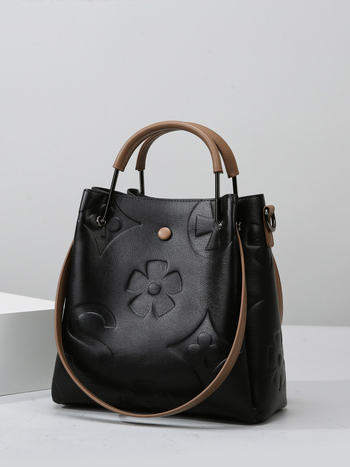 PU medžiagos kibiro tipo rankinė, cilindrinė forma, užtrauktukas, poliesterio vidus, dvigubi pečių dirželiai