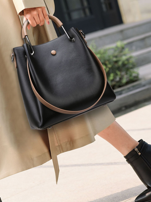 PU medžiagos kibiro tipo rankinė, cilindrinė forma, užtrauktukas, poliesterio vidus, dvigubi pečių dirželiai