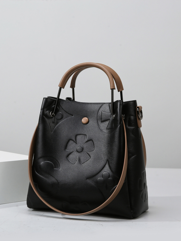 PU medžiagos kibiro tipo rankinė, cilindrinė forma, užtrauktukas, poliesterio vidus, dvigubi pečių dirželiai