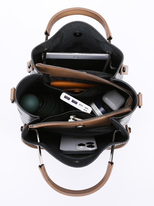 PU medžiagos kibiro tipo rankinė, cilindrinė forma, užtrauktukas, poliesterio vidus, dvigubi pečių dirželiai