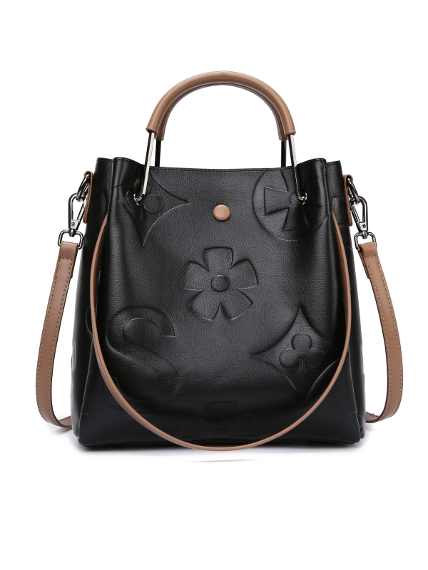 PU medžiagos kibiro tipo rankinė, cilindrinė forma, užtrauktukas, poliesterio vidus, dvigubi pečių dirželiai