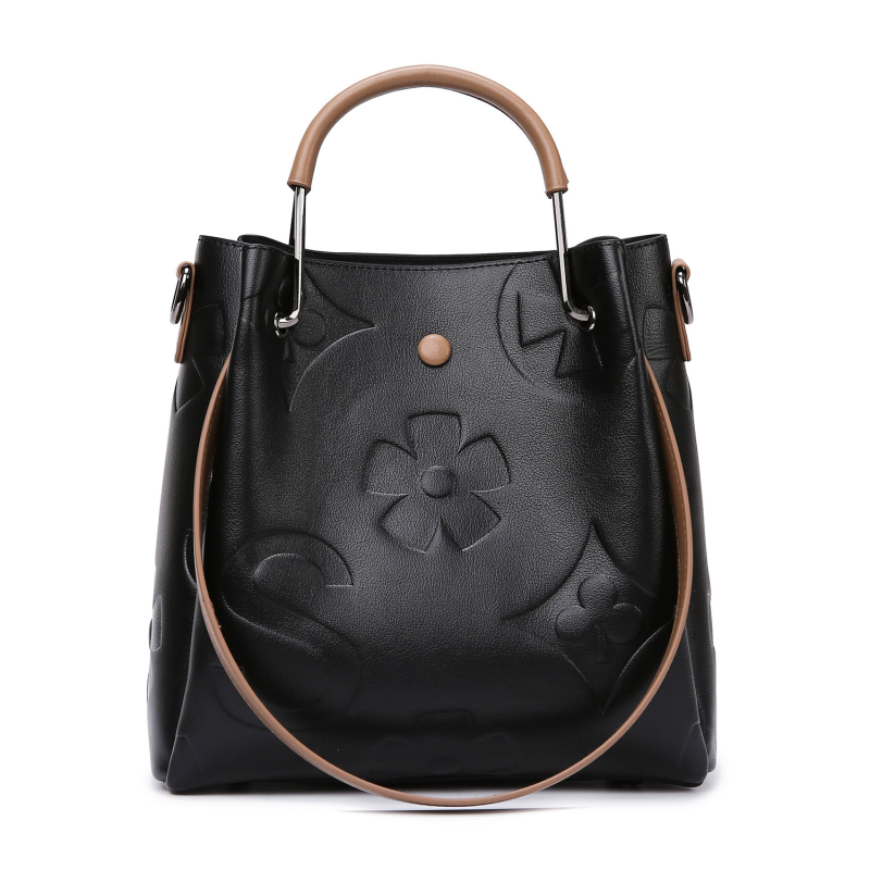 PU medžiagos kibiro tipo rankinė, cilindrinė forma, užtrauktukas, poliesterio vidus, dvigubi pečių dirželiai