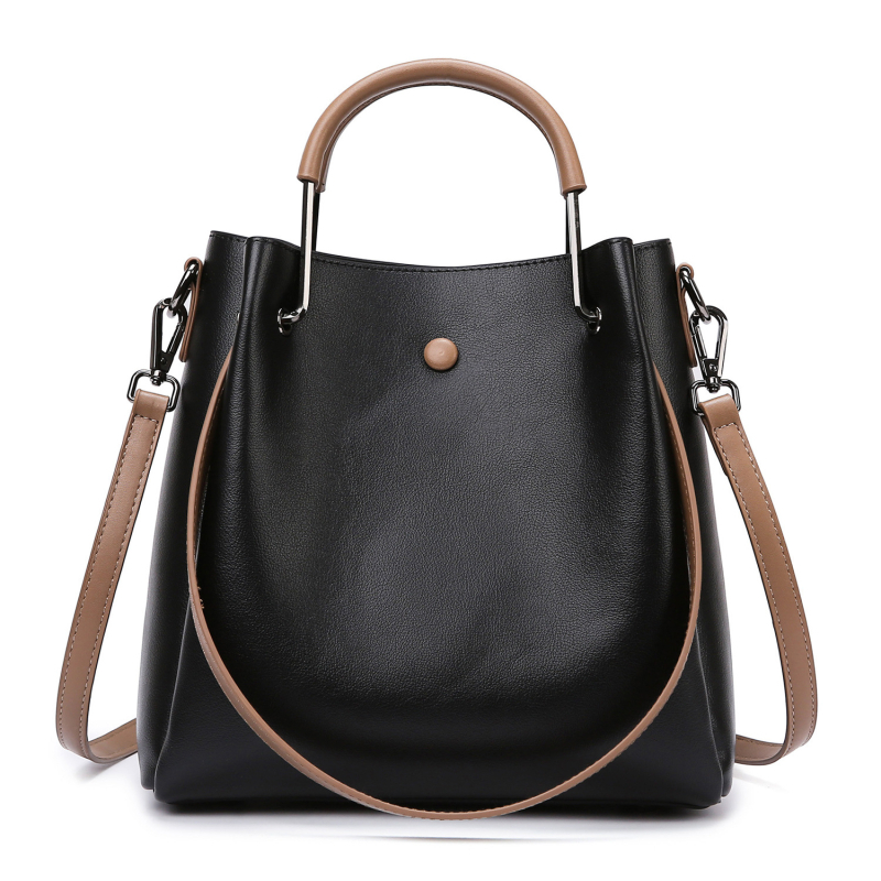 PU medžiagos kibiro tipo rankinė, cilindrinė forma, užtrauktukas, poliesterio vidus, dvigubi pečių dirželiai