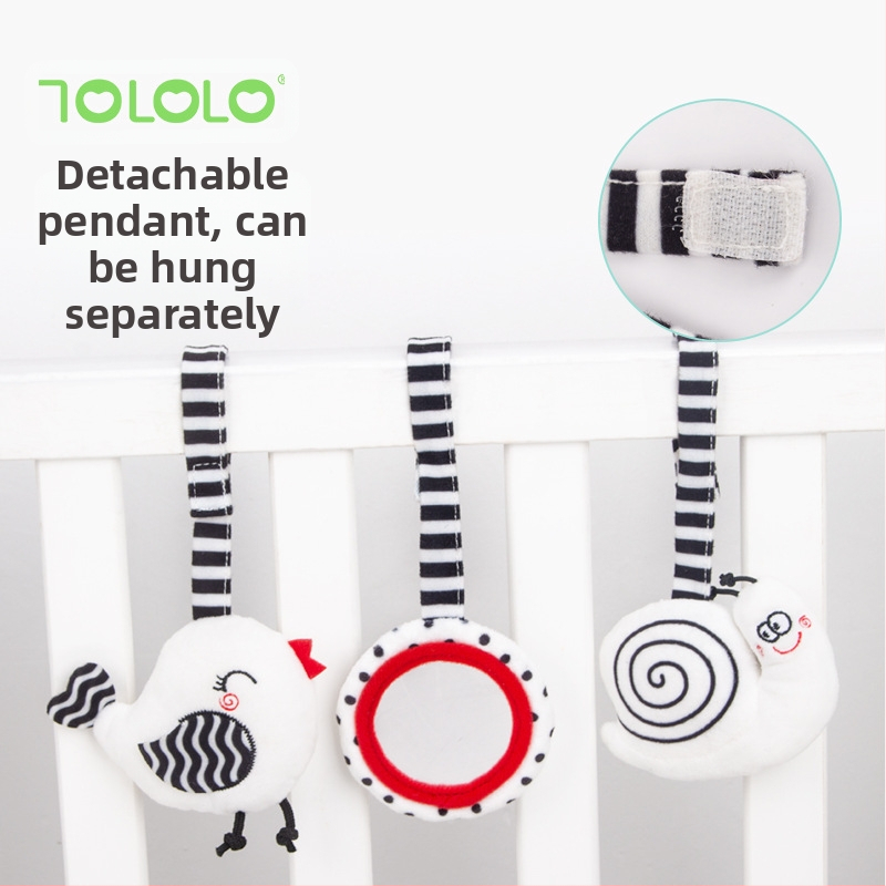 Naujagimiams skirtas pūkuotas žaislas vežimėliui – vizualinės treniruotės, saugos veidrodis, skambutis, rankų-akių koordinacijos ugdymas, 0–3 metų