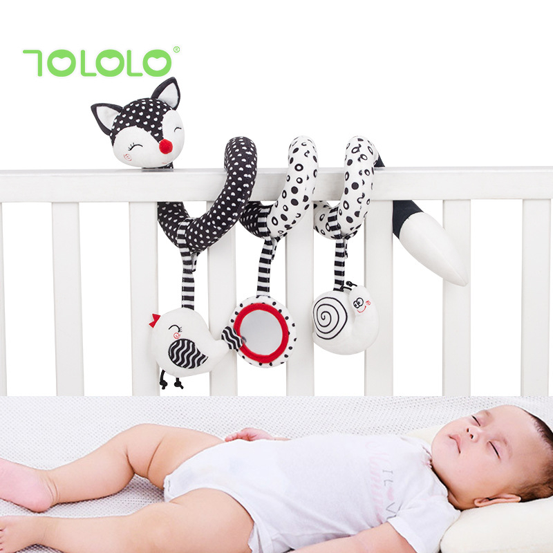 Naujagimiams skirtas pūkuotas žaislas vežimėliui – vizualinės treniruotės, saugos veidrodis, skambutis, rankų-akių koordinacijos ugdymas, 0–3 metų