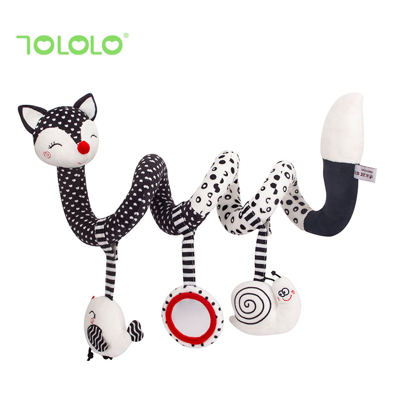 Naujagimiams skirtas pūkuotas žaislas vežimėliui – vizualinės treniruotės, saugos veidrodis, skambutis, rankų-akių koordinacijos ugdymas, 0–3 metų