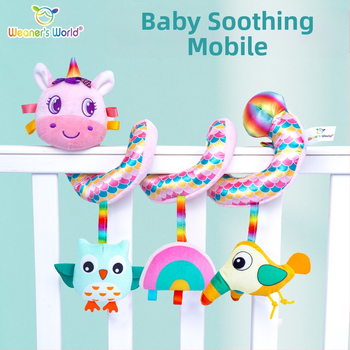 Pliušinis pakabinamas žaislas vežimėliui su varpele – interaktyvi edukacinė žaisla kūdikiams ir vaikams 0–3 metų