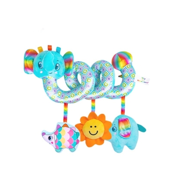 Pliušinis pakabinamas žaislas vežimėliui su varpele – interaktyvi edukacinė žaisla kūdikiams ir vaikams 0–3 metų
