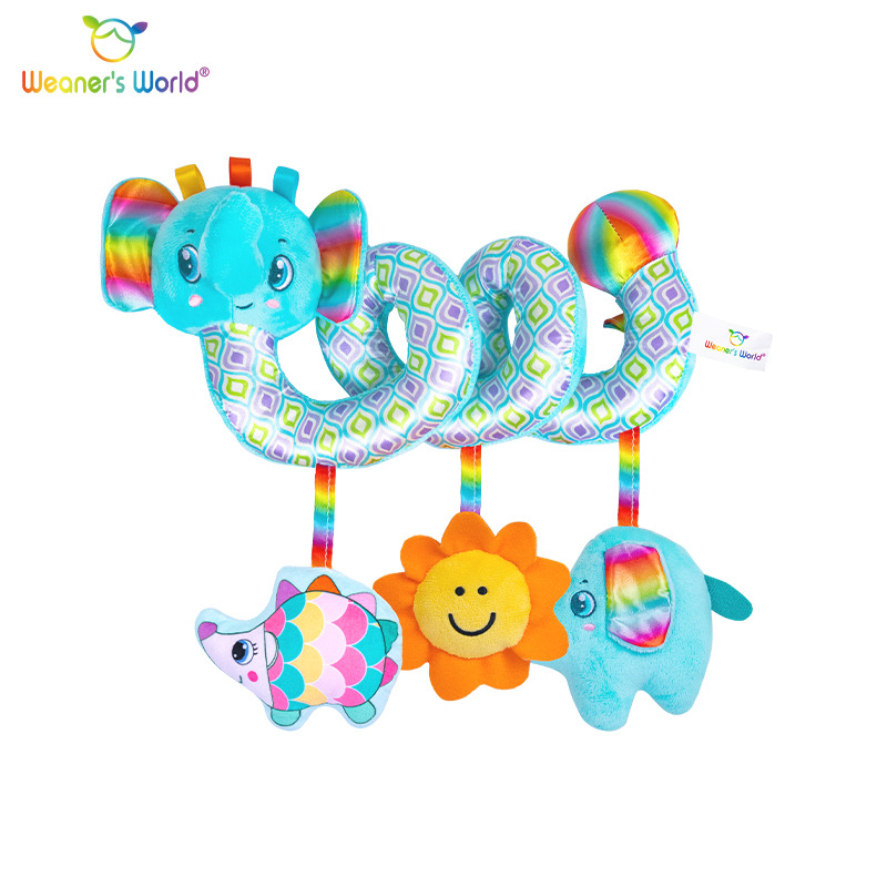 Pliušinis pakabinamas žaislas vežimėliui su varpele – interaktyvi edukacinė žaisla kūdikiams ir vaikams 0–3 metų