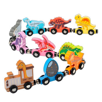 Medinis magnetinis dinozauro traukinio konstruktorius vaikams 3–6 metų – ugdymo žaislas