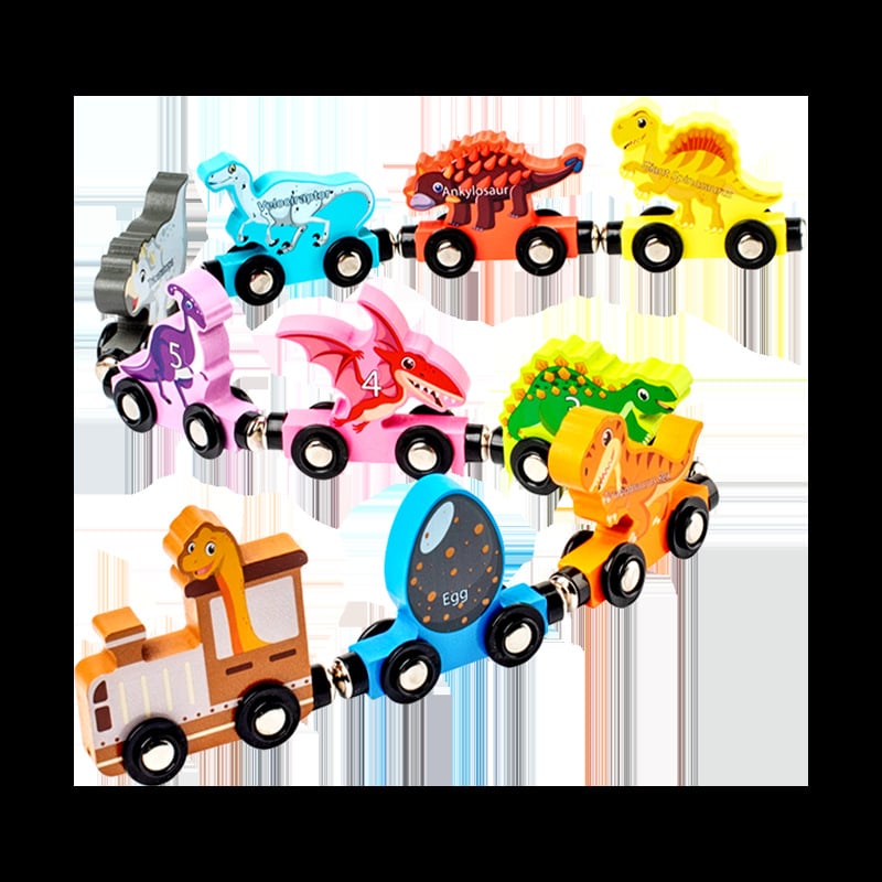 Medinis magnetinis dinozauro traukinio konstruktorius vaikams 3–6 metų – ugdymo žaislas