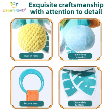 Plušinis kabinamos žaislas su varpelio garsu, cartoon gyvūnas, tinkama lopšeliui, vežimėliui ar automobilių sėdynei; skatina ankstyvą sensorinį ir motorinį vystymąsi (regėjimą, sugriebimą, klausą) ir tėvų-vaikų sąveiką.