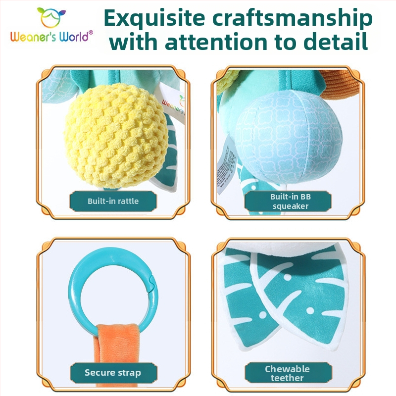 Plušinis kabinamos žaislas su varpelio garsu, cartoon gyvūnas, tinkama lopšeliui, vežimėliui ar automobilių sėdynei; skatina ankstyvą sensorinį ir motorinį vystymąsi (regėjimą, sugriebimą, klausą) ir tėvų-vaikų sąveiką.