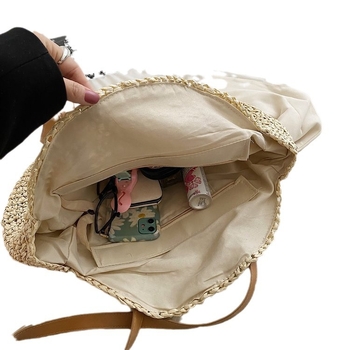 Κυκλική πλεκτή ψάθινη τσάντα με φερμουάρ, υλικό από χαρτί, επένδυση πολυεστέρα, διπλοί ιμάντες, εσωτερικό διαμέρισμα για ID