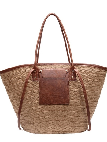 Τσάντα από ψάθα για ταξίδια και ανάπαυση, πλεκτή, κάθετης τετράγωνης μορφής, κλείσιμο με φερμουάρ, χωρίς επένδυση, εσωτερική θήκη για κινητό, διπλές λαβές.