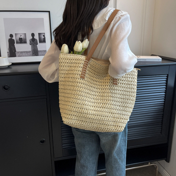 Ψάθινη tote τσάντα για γυναίκες, επένδυση πολυεστέρα, κλείσιμο με φερμουάρ, εσωτερική θήκη για κινητό
