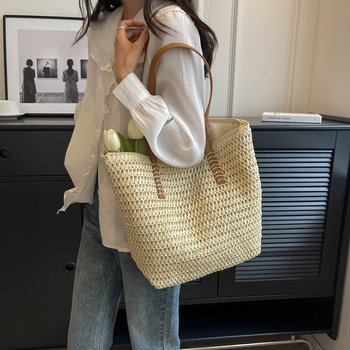 Ψάθινη tote τσάντα για γυναίκες, επένδυση πολυεστέρα, κλείσιμο με φερμουάρ, εσωτερική θήκη για κινητό