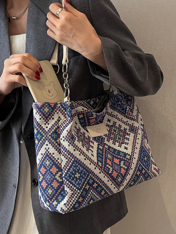 Τσαντάκι από καμβά Tote για καθημερινή χρήση, οριζόντιου τετράγωνου σχήματος, φερμουάρ, διπλοί ιμάντες ώμου