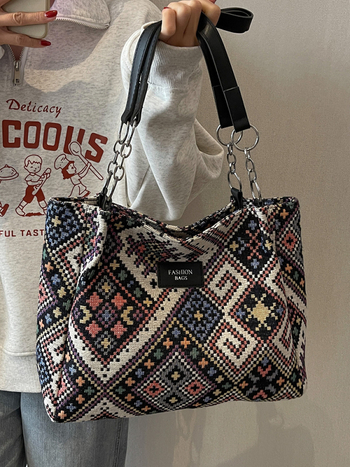 Τσαντάκι από καμβά Tote για καθημερινή χρήση, οριζόντιου τετράγωνου σχήματος, φερμουάρ, διπλοί ιμάντες ώμου