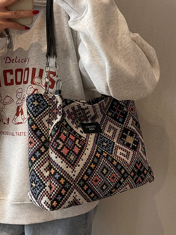 Τσαντάκι από καμβά Tote για καθημερινή χρήση, οριζόντιου τετράγωνου σχήματος, φερμουάρ, διπλοί ιμάντες ώμου