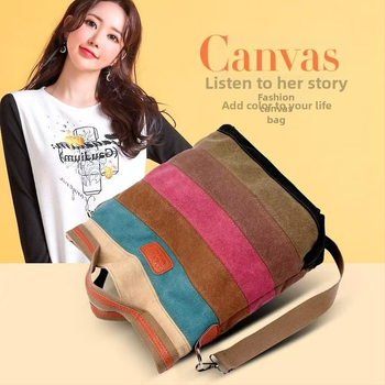 Tote чанта от платно с райета, цип, голям капацитет, урбан стил, вътрешен джоб с цип