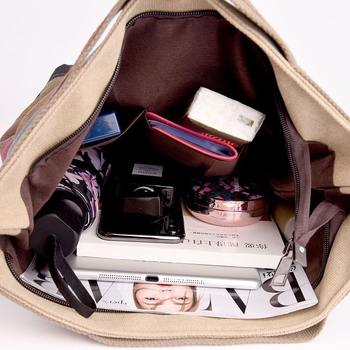 Tote чанта от платно с райета, цип, голям капацитет, урбан стил, вътрешен джоб с цип