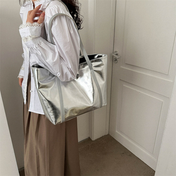 Τσάντα Tote από PU, Μεγάλης χωρητικότητας, Στυλ δρόμου, Οριζόντιο τετράγωνο σχήμα, Άνοιγμα με φερμουάρ