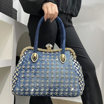 Деним диамантено украсена вечерна чанта за елегантни жени, с двойни презрамки, хоризонтална квадратна форма, вътрешен джоб с цип