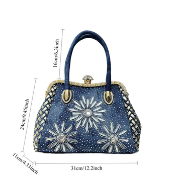 Деним диамантено украсена вечерна чанта за елегантни жени, с двойни презрамки, хоризонтална квадратна форма, вътрешен джоб с цип