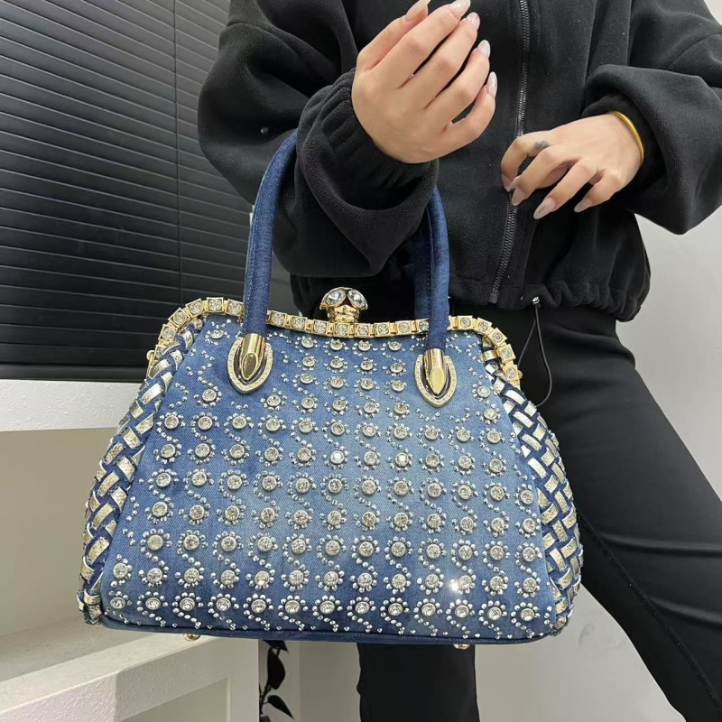 Geantă de seară din denim, decorată cu diamante, pentru femei elegante, cu două curele de umăr, formă orizontală pătrată, buzunar interior cu fermoar