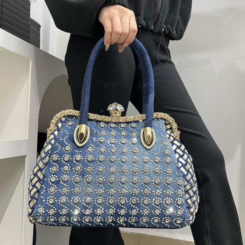 Geantă de seară din denim, decorată cu diamante, pentru femei elegante, cu două curele de umăr, formă orizontală pătrată, buzunar interior cu fermoar